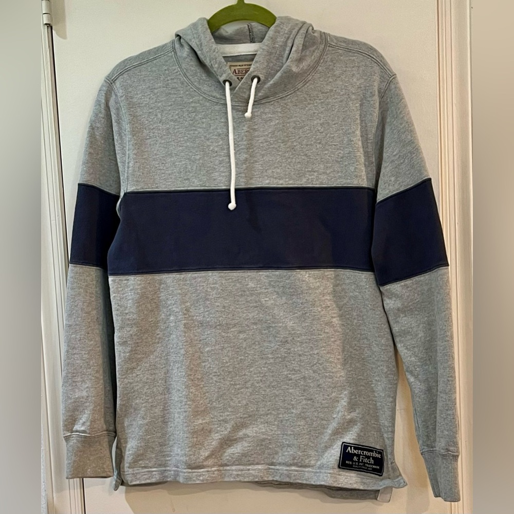 ABERCROMBIE & FITCH Rugby Long Sleeve Pullover Hoodie Gray & Navy Men's Size: S